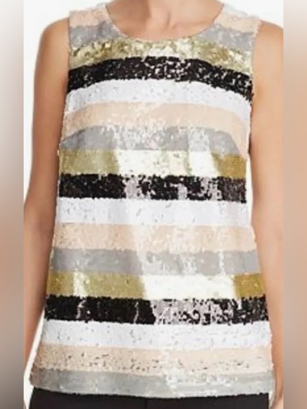 Calvin Klein Women’s Sequin Striped Tank Top Gold Black White Blush NWT